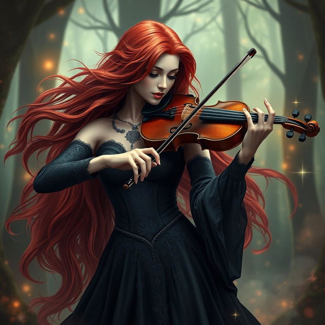 A stunning female witch, or 'bruja', with long, flowing red hair playing a violin with great passion