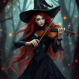 A stunning female witch, or 'bruja', with long, flowing red hair playing a violin with great passion