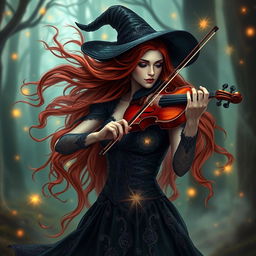 A stunning female witch, or 'bruja', with long, flowing red hair playing a violin with great passion