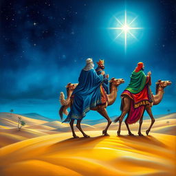 The Three Wise Men, also known as the Magi, on their journey to the birth of Jesus in Bethlehem