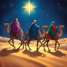 The Three Wise Men, also known as the Magi, on their journey to the birth of Jesus in Bethlehem