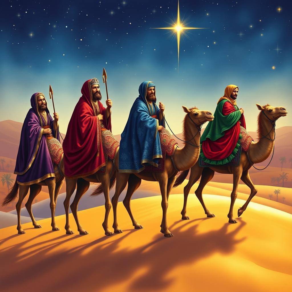 The Three Wise Men, also known as the Magi, on their journey to the birth of Jesus in Bethlehem