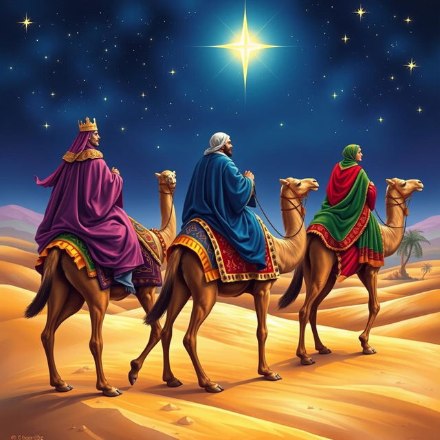 The Three Wise Men, also known as the Magi, on their journey to the birth of Jesus in Bethlehem