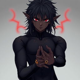 Anime-style 18-year-old male with elven ears and long, messy hair, featuring a dark skin tone, dark sclera, and blood-red irises
