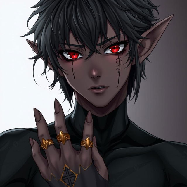 Anime-style 18-year-old male with elven ears and long, messy hair, featuring a dark skin tone, dark sclera, and blood-red irises