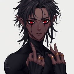 Anime-style 18-year-old male with elven ears and long, messy hair, featuring a dark skin tone, dark sclera, and blood-red irises