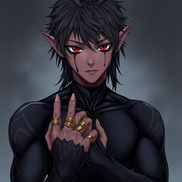 Anime-style 18-year-old male with elven ears and long, messy hair, featuring a dark skin tone, dark sclera, and blood-red irises