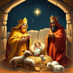 Three wise men adorning beautiful golden robes, each with intricate patterns, present gifts to the newborn Jesus in a humble stable