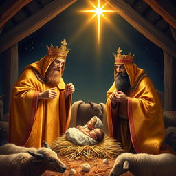 Three wise men adorning beautiful golden robes, each with intricate patterns, present gifts to the newborn Jesus in a humble stable