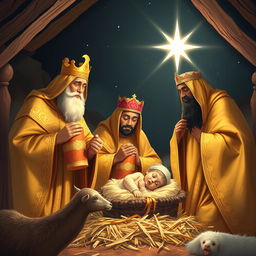 Three wise men adorning beautiful golden robes, each with intricate patterns, present gifts to the newborn Jesus in a humble stable