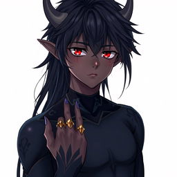 Anime-style 18-year-old male with elven ears and long, messy hair that reaches the middle of his back