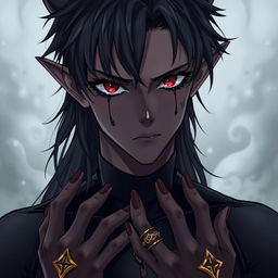 Anime-style 18-year-old male with elven ears and long, messy hair that reaches the middle of his back