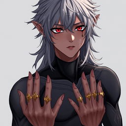 Anime-style 18-year-old male with elven ears and long, messy hair that reaches the middle of his back