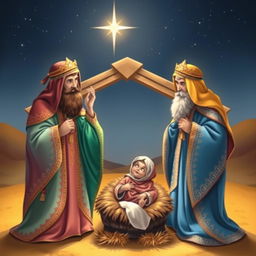 Three wise men (Los Reyes Magos) depicted in a beautiful, serene nativity scene with baby Jesus