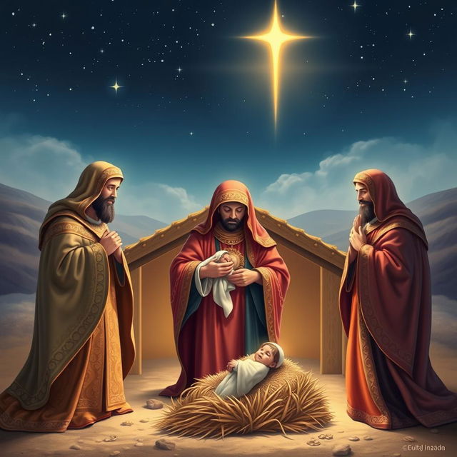 Three wise men (Los Reyes Magos) depicted in a beautiful, serene nativity scene with baby Jesus