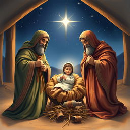 Three wise men (Los Reyes Magos) depicted in a beautiful, serene nativity scene with baby Jesus