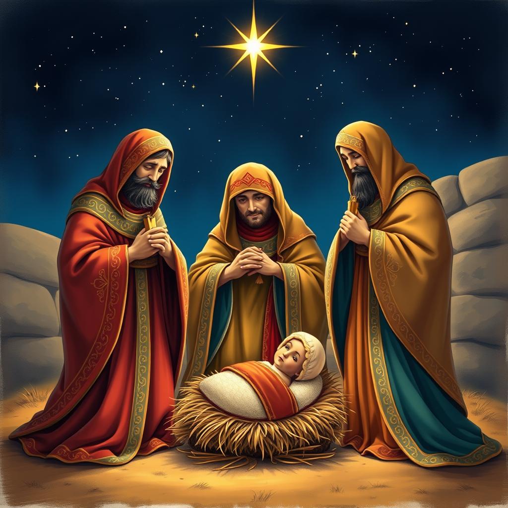 Three wise men (Los Reyes Magos) depicted in a beautiful, serene nativity scene with baby Jesus