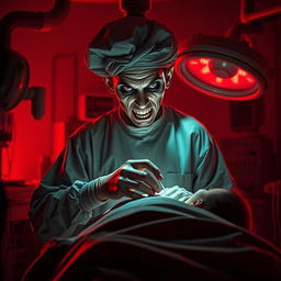 A sinister scene featuring a surgeon with a creepy face, clad in surgical attire, intensely focused on operating on a patient