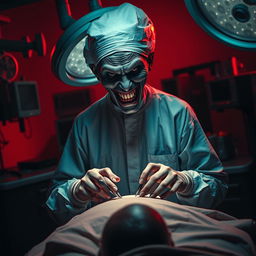 A sinister scene featuring a surgeon with a creepy face, clad in surgical attire, intensely focused on operating on a patient