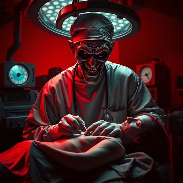 A sinister scene featuring a surgeon with a creepy face, clad in surgical attire, intensely focused on operating on a patient