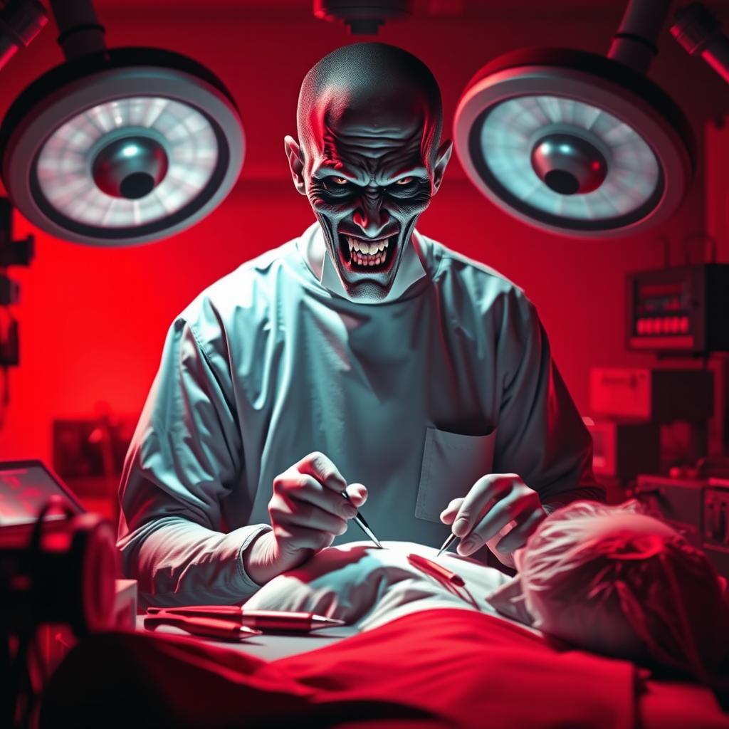 A sinister scene featuring a surgeon with a creepy face, clad in surgical attire, intensely focused on operating on a patient