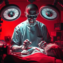 A sinister scene featuring a surgeon with a creepy face, clad in surgical attire, intensely focused on operating on a patient