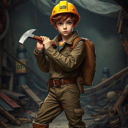 A young man with tousled brown hair, wearing a bright yellow mining helmet, dressed in a rugged brown jacket and slightly torn brown pants