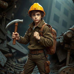 A young man with tousled brown hair, wearing a bright yellow mining helmet, dressed in a rugged brown jacket and slightly torn brown pants