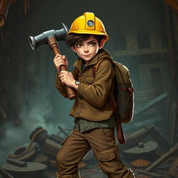 A young man with tousled brown hair, wearing a bright yellow mining helmet, dressed in a rugged brown jacket and slightly torn brown pants