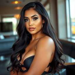 A curvaceous and confident Latina woman with plump lips, exuding sensuality while posing in a relaxed manner