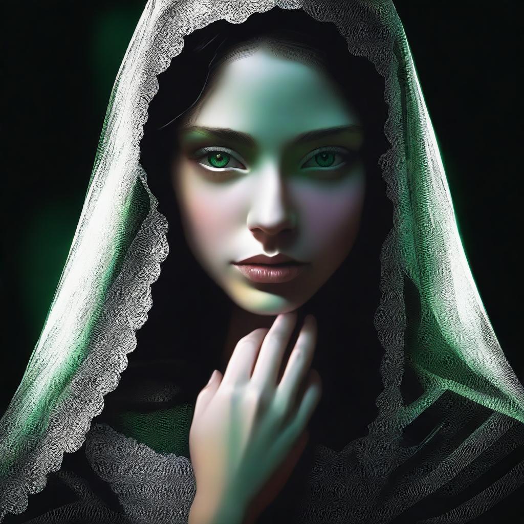 An alluring digital art piece featuring a girl with vibrant green eyes and fair skin, garbed in an exquisite wedding dress