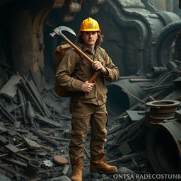 A man with medium-length brown hair, wearing a bright yellow mining helmet that contrasts with his rugged brown jacket
