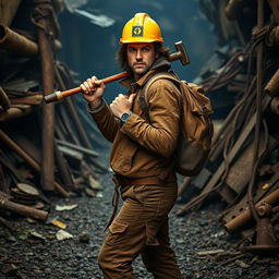 A man with medium-length brown hair, wearing a bright yellow mining helmet that contrasts with his rugged brown jacket