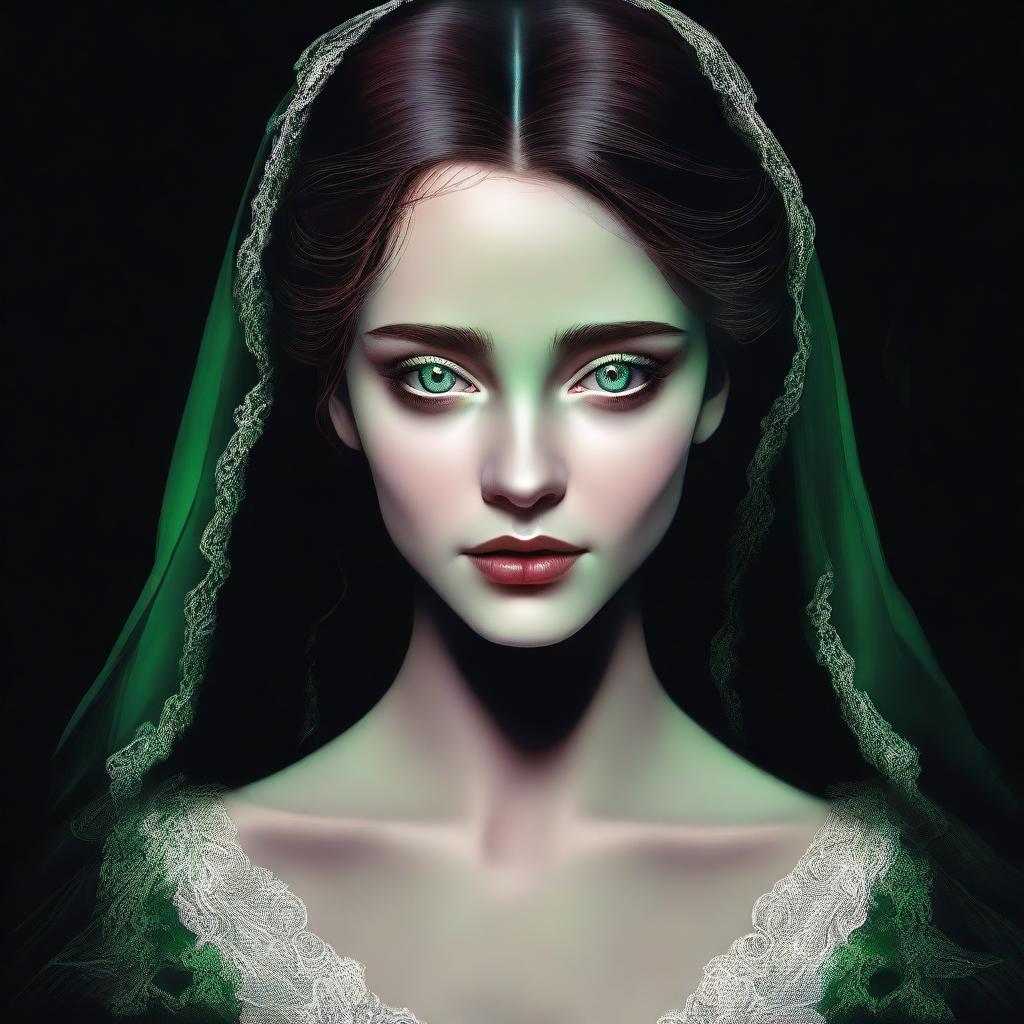 An alluring digital art piece featuring a girl with vibrant green eyes and fair skin, garbed in an exquisite wedding dress