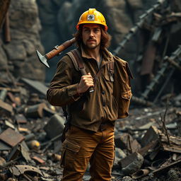 A man with medium-length brown hair, wearing a bright yellow mining helmet that contrasts with his rugged brown jacket