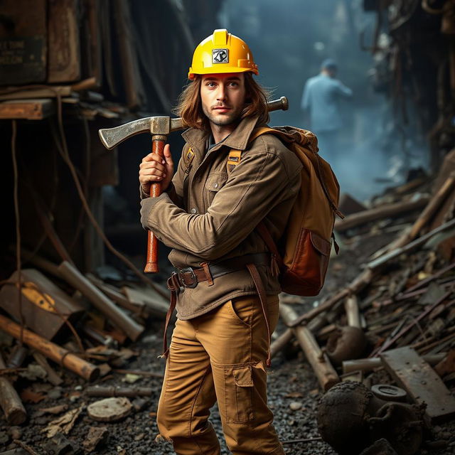 A man with medium-length brown hair, wearing a bright yellow mining helmet that contrasts with his rugged brown jacket