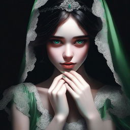 An alluring digital art piece featuring a girl with vibrant green eyes and fair skin, garbed in an exquisite wedding dress