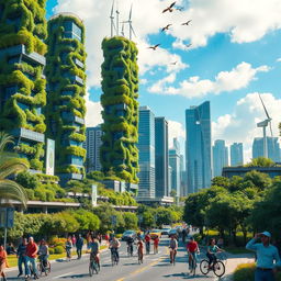 A vibrant and lush city showcasing futuristic green architecture, with skyscrapers covered in vertical gardens and solar panels
