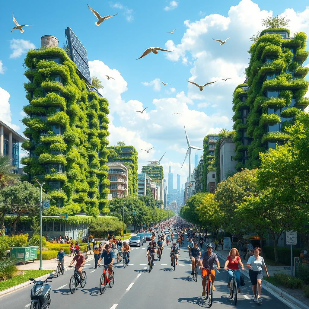 A vibrant and lush city showcasing futuristic green architecture, with skyscrapers covered in vertical gardens and solar panels