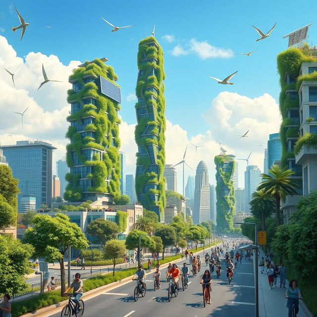 A vibrant and lush city showcasing futuristic green architecture, with skyscrapers covered in vertical gardens and solar panels