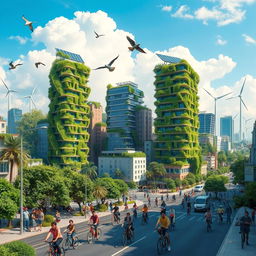 A vibrant and lush city showcasing futuristic green architecture, with skyscrapers covered in vertical gardens and solar panels