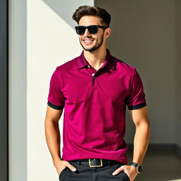 A fashionable model wearing a stylish magenta black jersey polo shirt, posed against a clean, modern backdrop