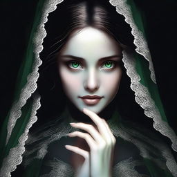 An alluring digital art piece featuring a girl with vibrant green eyes and fair skin, garbed in an exquisite wedding dress