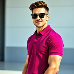 A fashionable model wearing a stylish magenta black jersey polo shirt, posed against a clean, modern backdrop