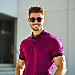 A fashionable model wearing a stylish magenta black jersey polo shirt, posed against a clean, modern backdrop