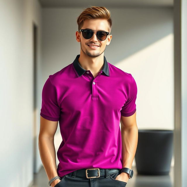 A fashionable model wearing a stylish magenta black jersey polo shirt, posed against a clean, modern backdrop