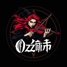 A striking logo for 'Oz-π' that features a captivating witch with bright red hair, skillfully playing a violin