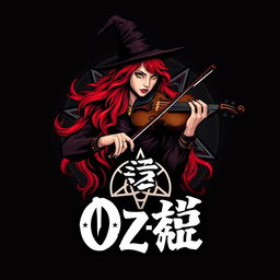 A striking logo for 'Oz-π' that features a captivating witch with bright red hair, skillfully playing a violin