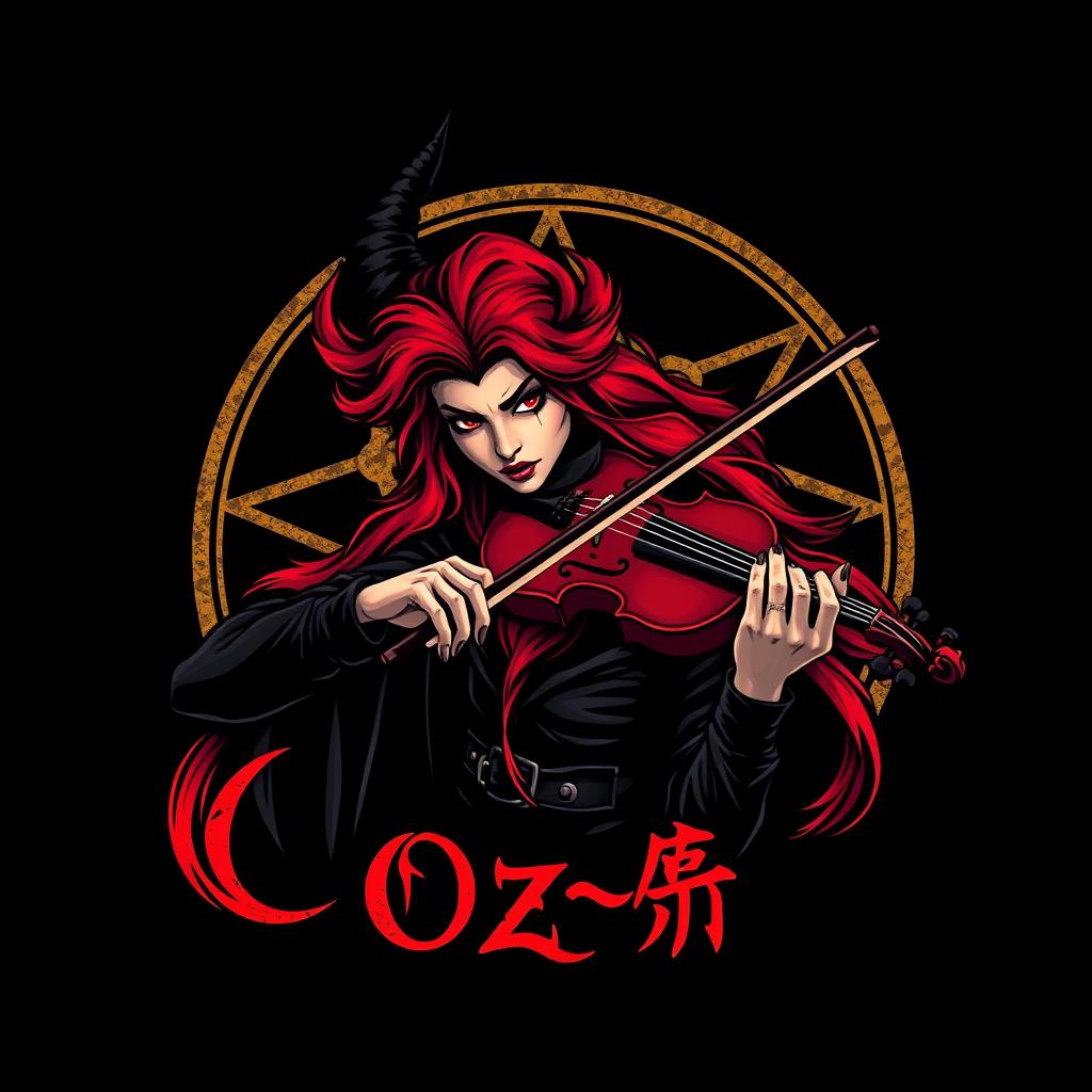 A striking logo for 'Oz-π' that features a captivating witch with bright red hair, skillfully playing a violin