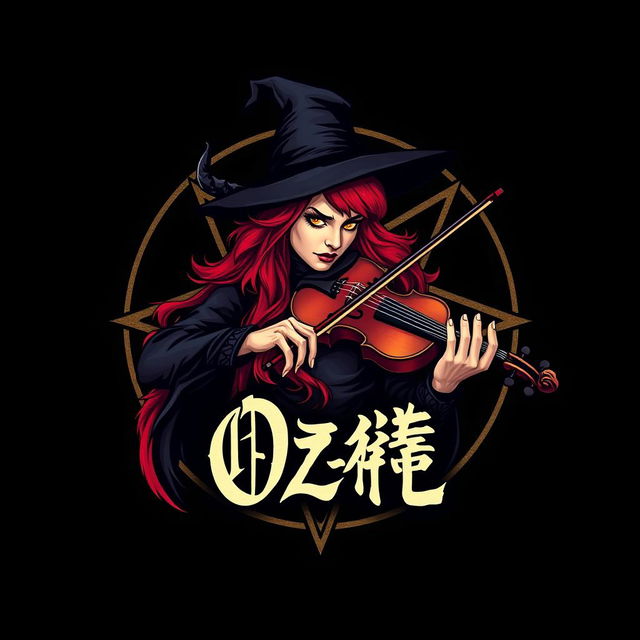 A striking logo for 'Oz-π' that features a captivating witch with bright red hair, skillfully playing a violin